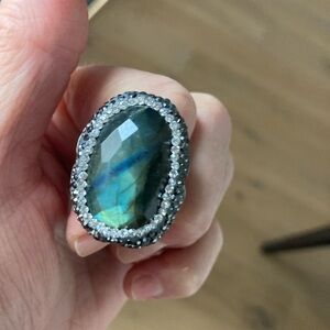 Size 10 - 925 Silver Rhinestone Encircled Aurora Borealis Stone Unisex Ring